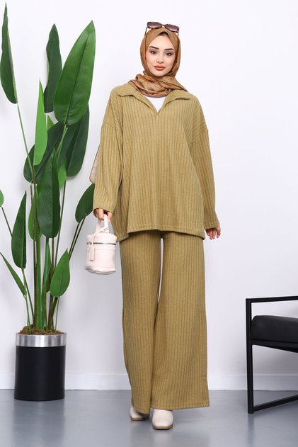 Khaki Ribbed Knit Tunic Trouser Set