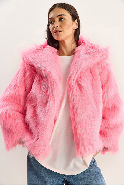 Γυναικείο Candy Pink Φαρδύ Γιακά με Φόδρα Κοντό Premium Μπουφάν από Τεχνητή Γούνα 2770 60261574