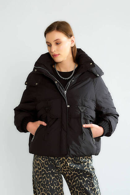 Hooded Pocket Detailed Inflatable Oversized Women's Coat Black D99749