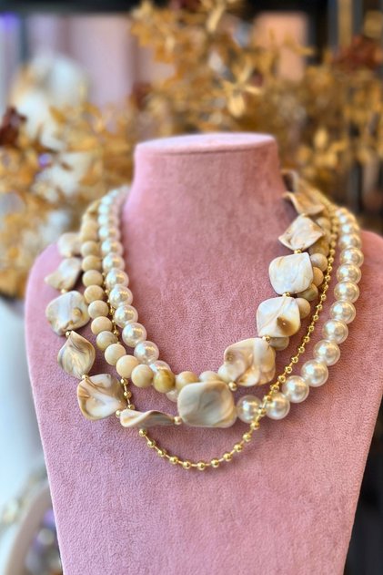Cream & Pearl Tone Multi-Row Necklace | Mev'Armoni Collection