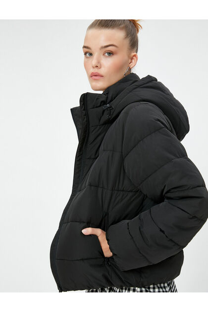 Puffer Jacket Quilted Hooded Zippered Stand Collar with Pockets