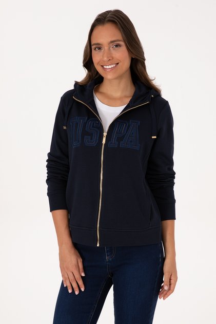 Women's Navy Blue Zippered Hooded Basic Sweatshirt 50307769-Vr033