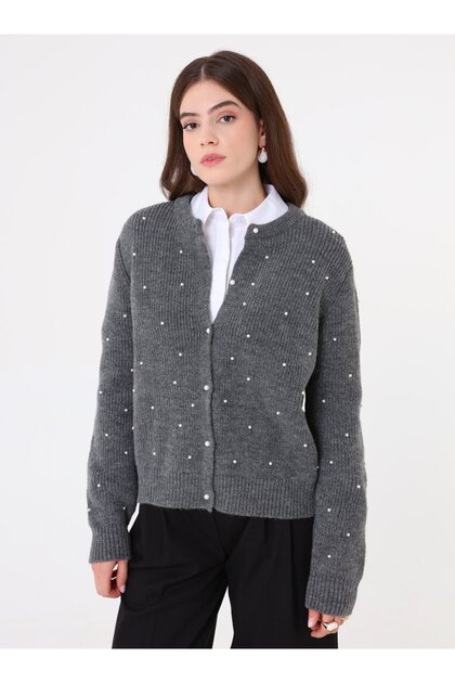 Pearl Detailed Crew Neck Buttoned Knit Cardigan - Dark Gray -