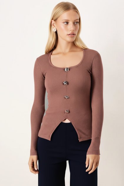 Women's Light Brown U-Neck Button Detailed Front Slit Soft Textured Blouse Arm-26K001038