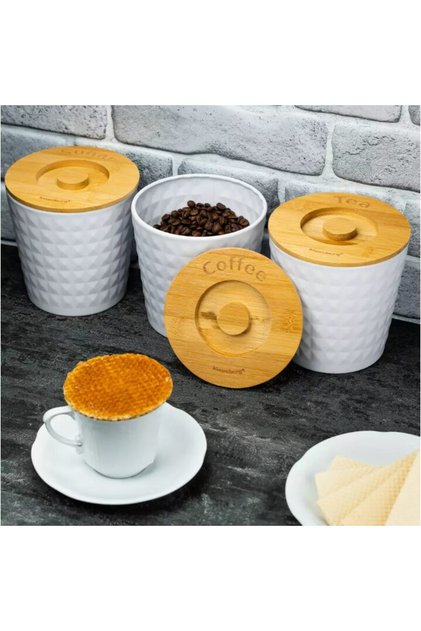 Recipiente pentru cafea, ceai, zahar, din inox-bambus, albe reliefate,