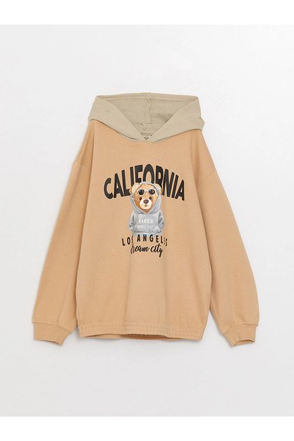 Lcw Kids Beige Hooded Printed Long Sleeve Girls Sweatshirt
