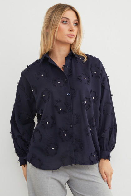Stone-Embroidered Tassel Back Long Loose Shirt