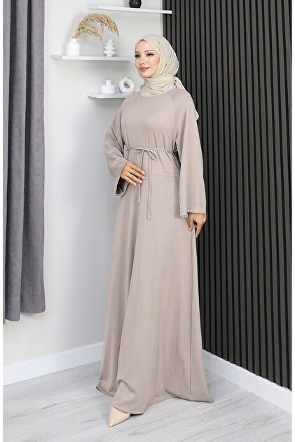 Rochie hijab cu curea din material premium 2162-02 Bej