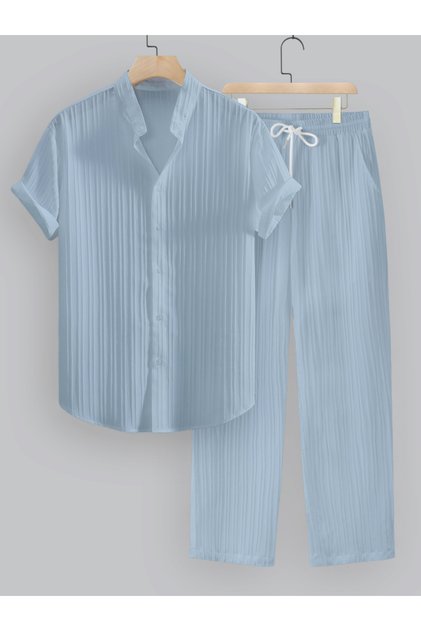 Solid Textured Shirt and Drawstring Waist Pants Co-Ords