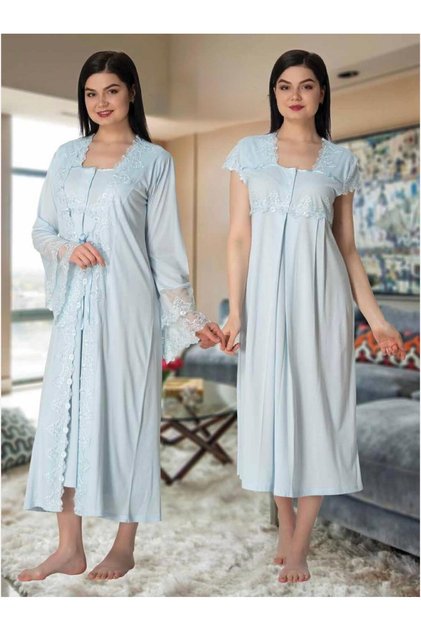 Women's Blue Special Design Lace Detailed Full Length Maternity Nightgown Nightgown Set of 2