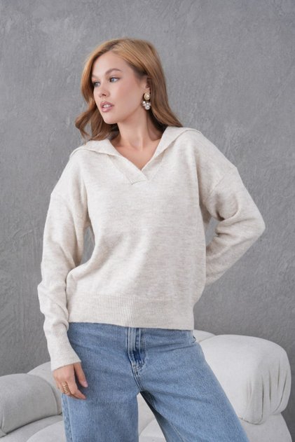 Basic Soft Textured Oversized Polo Neck Knitwear Sweater Aw25Kz0074