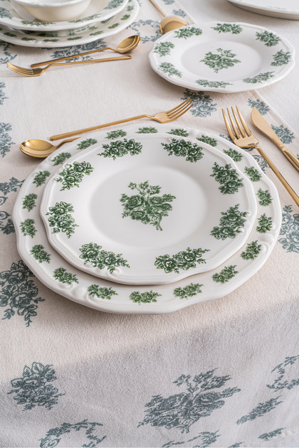 Vintage Flowers Green 6-Piece Modern Porcelain Cake & Dessert Plate | Floral Pattern Serving Set 19 cm