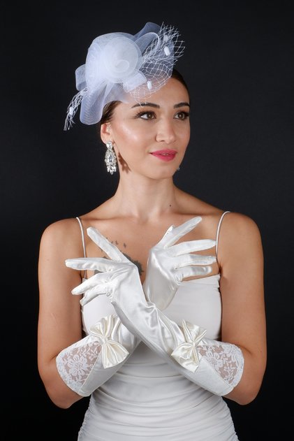Tulle Bridal Wedding Headpiece Accessory and Long Lace Satin Bow Wedding Gloves Set