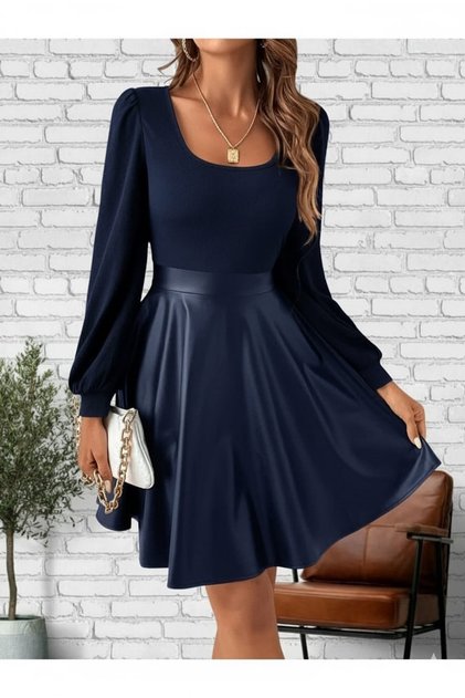 Women's Navy Blue Leather Skirt Dress (Without Belt)