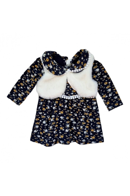 Rochita fetite de bumbac cu vesta de blanita alba, model cu flori, multicolor