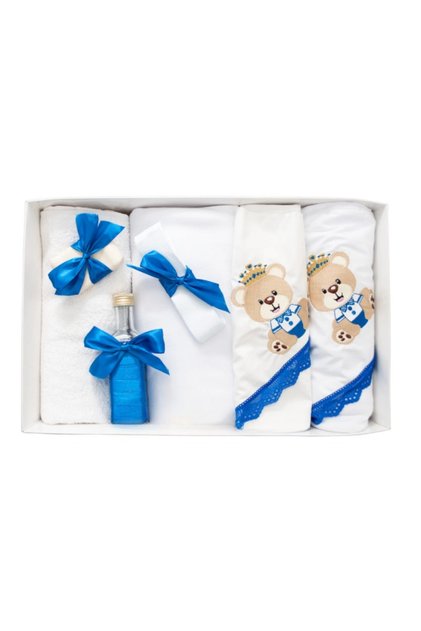 Trusou Botez 7 Piese Personalizat cu Broderie, Albastru, Ursuletul Print - TB48