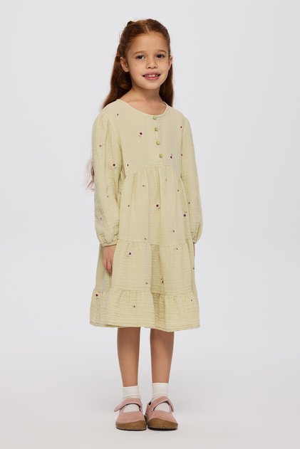 Girl's Floral Printed Muslin Green Dress