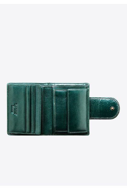 Portofel de damă din piele lăcuită cu capsă decorativă, verde închis, piele lăcuită verde închis