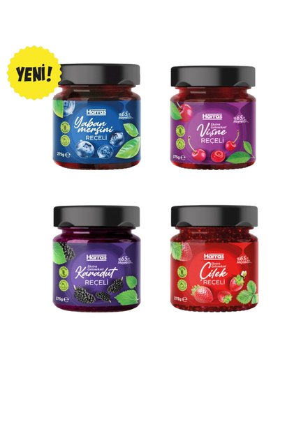 Şeker İlavesiz! 4'lü Reçel Seti (Yaban Mersini, Vişne, Karadut, Çilek) - %65 Meyveli 4 x 275g