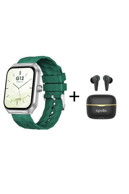 Xcell G12 Smartwatch | HD Screen | Green | & | Apollo 7 Earbuds