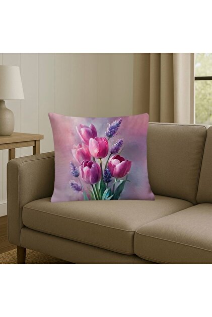 Digital Printed Tulip Patterned Decorative Throw Pillow Cover