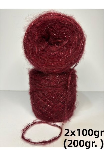 Wine (2 Ply) Medium Thickness Moher, Gold Glitter Knitting Yarn 200Gr