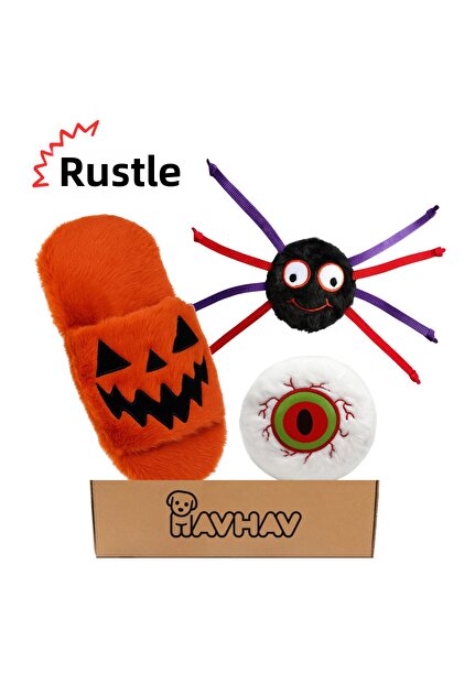 Halloween Themed Dog Toy Set | Squeaky Plush Slippers, Plush Spider and Eye Play Ball