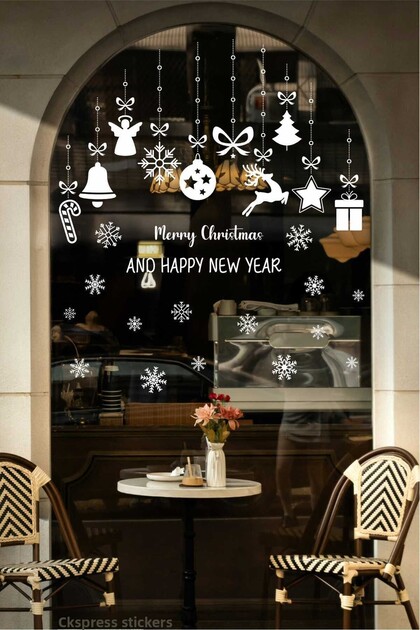 Merry Christmas and Happy New Year Written Window Display New Year Glass Sticker Set