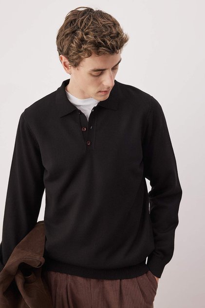 Siyah Regular Polo Yaka Düz Kazak TMNAW24KZ00067