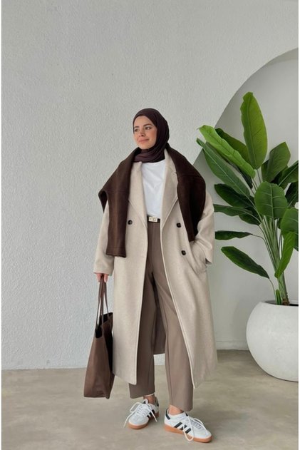 Salaş Model Düşük Kol Kruvaze Kaşe Kaban-Taş