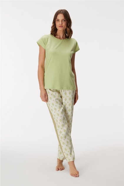 Kadın Bisiklet Yaka Detaylı Kısa Kollu Pijama Takım