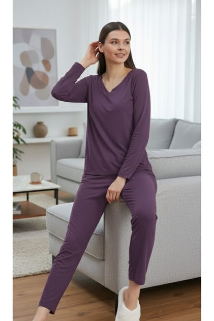 Viskon Örme V Yaka Uzun Kollu Kadın Pijama Takımı