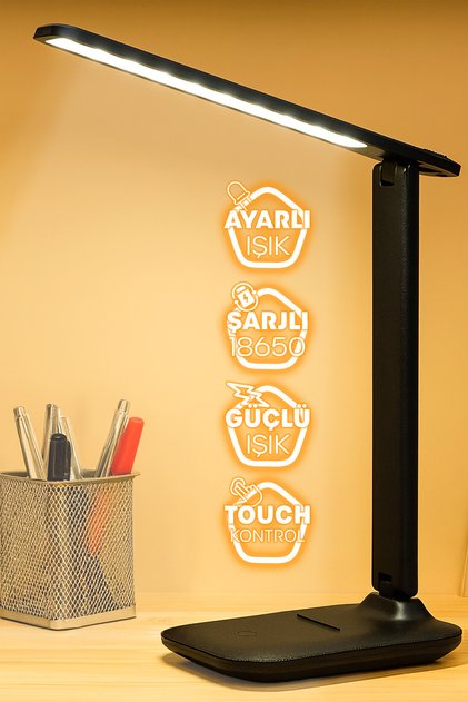 Şarjlı Masa Lambası 3 Renk Dokunmatik Telefon Standlı Kademeli Çalışma Okuma Işığı Lambası 9W Siyah