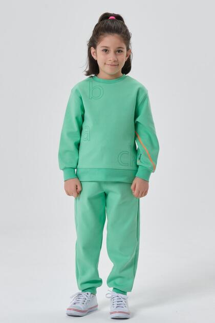 Girls' Circular Neck Steel-Plated Interlock Knitting with Printed Details Tracksuit Bottom and Top Set