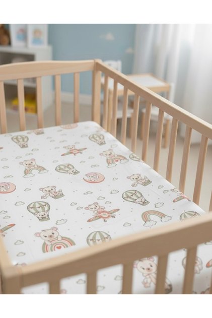 %100 Pamuk Ranforce Kumaş Lastikli Bebek Çarşafı-Haki Balonlu Ayıcık-(70X110X5)(60X120X10)