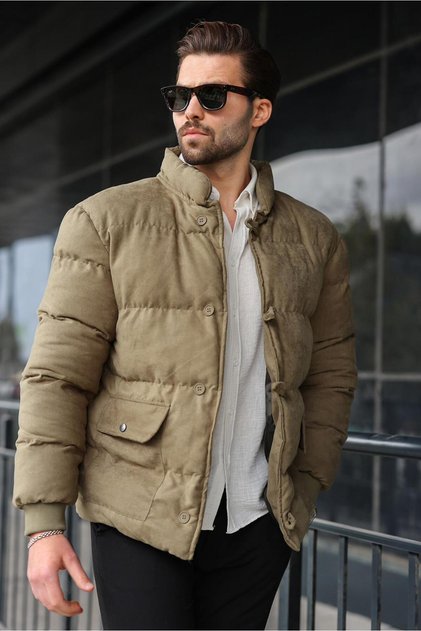 Khaki Buttoned Stand Collar Men's Puffer Jacket E7435