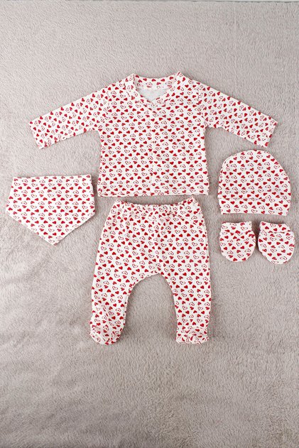 Baby Girl Red Heart Combed Cotton Hospital Release 5-Piece Set - Bodysuit Set, Organic Cotton, Soft