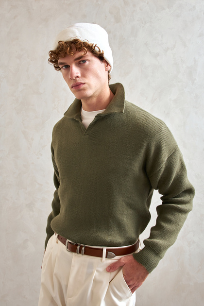 Erkek Polo Yaka Örme Oversize Kazak