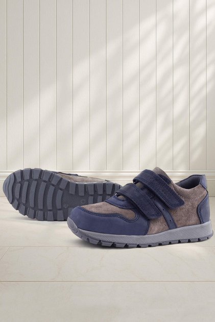 Genuine Leather Navy Blue Gray Velcro Children's Sneakers
