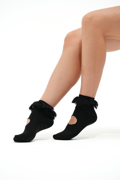 M'Tutu Women's Black Lace Non-Slip Sole Pilates Yoga and Exercise Socks