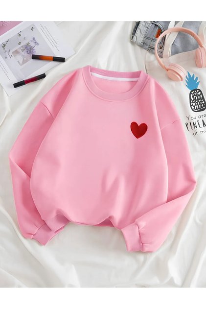 (3 İPLİK) Kadın Kalp Baskılı Bisiklet Yaka Oversize Sweatshirt