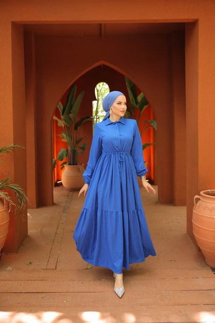 Women's Long Sleeve Gathered Hijab Blue Long Dress