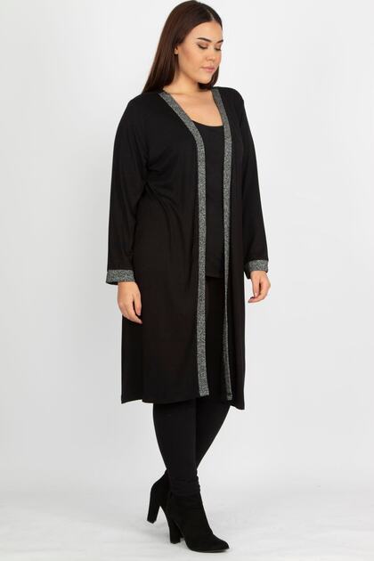 Women's Large Size Black Glitter Detailed Long Cardigan 65n19839