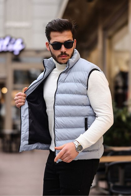 Men's Sleeveless Zippered Pocket Basic Gray Puffer Vest