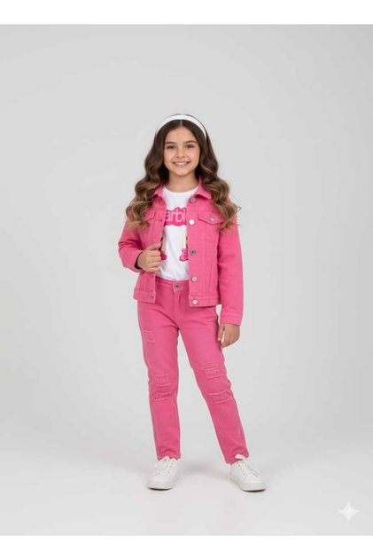 Girl's Pink Denim Jacket / Pink Denim Trousers / Printed T-Shirt 3-Piece Combination - Festive - Seasonal