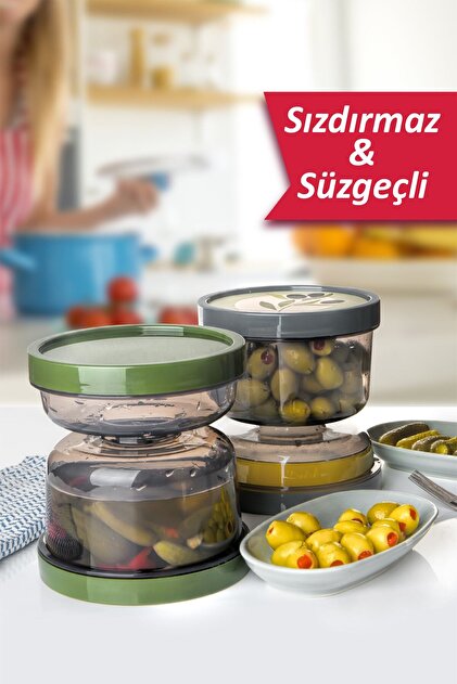 Pazarika 2'li Set Kum Saati Zeytin Turşu Kabı Süzgeçli Zeytinlik
