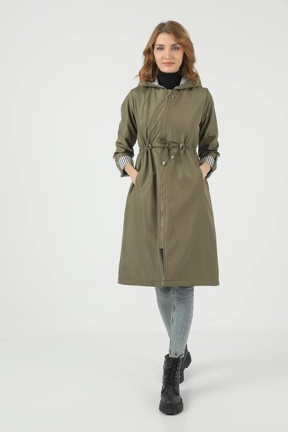 Women's Drawstring Waist Water Repellent Hooded Trench Coat