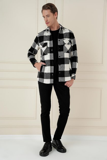 Erkek Slim Fit Kapaklı Cep Ekoseli Siyah Beyaz Yünlü Oduncu Gömlek G 1579