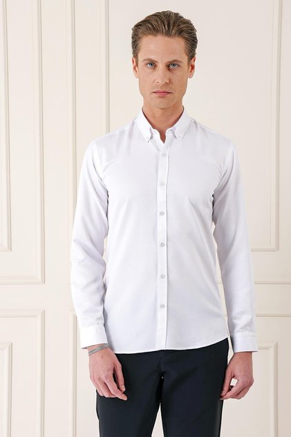 Men's Slim Fit Buttoned Collar Textured Cotton Classic White Shirt Gk 717