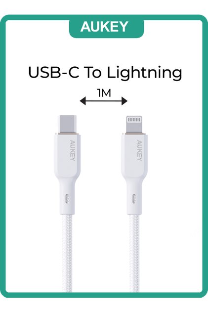 كابل شحن ومزامنة من النايلون المضفر MFI USB-C إلى Lightning بطول 1 متر NCL1 أبيض